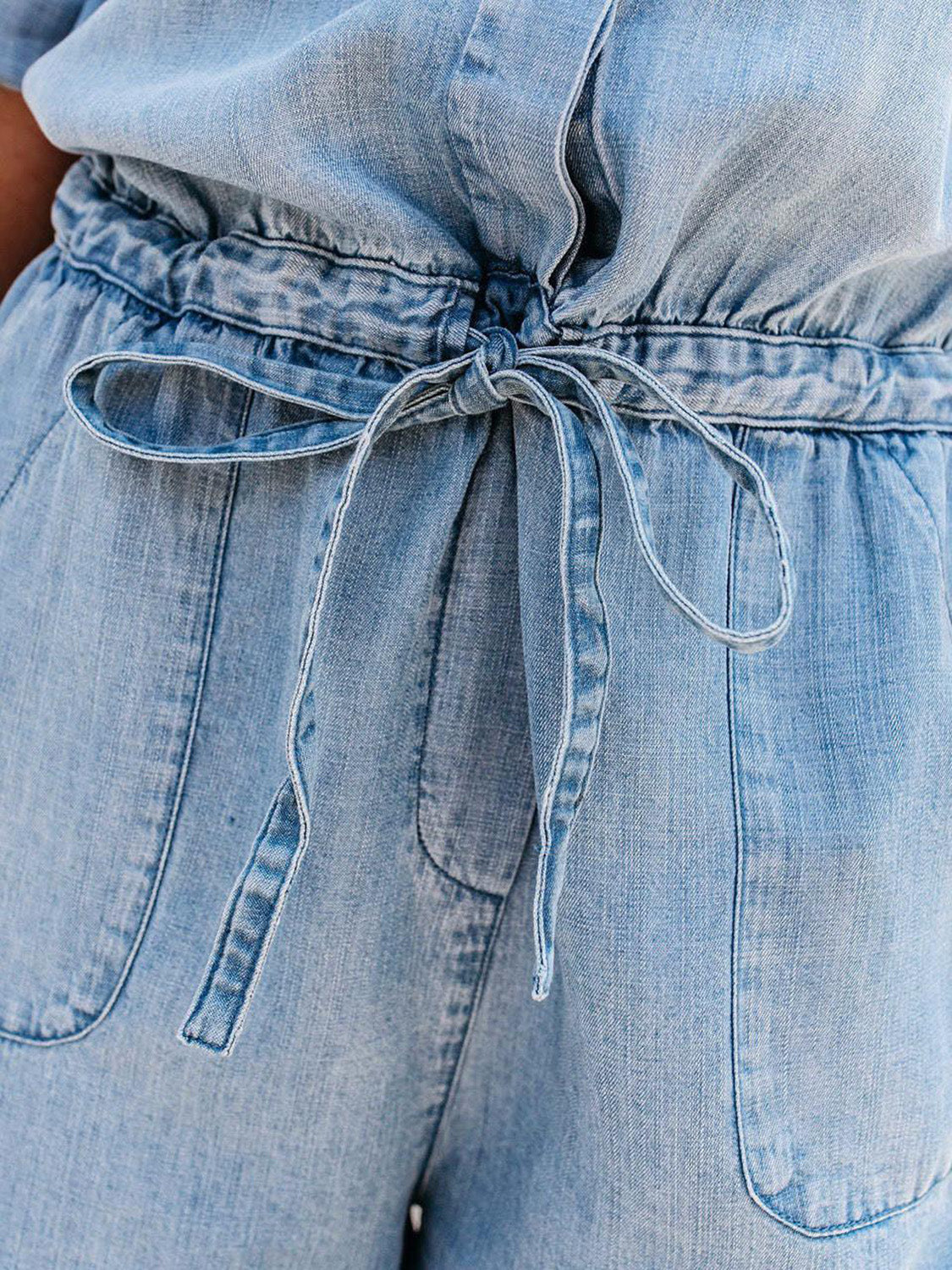 Blueberi B Women's Drawstring Half Button Half Sleeve Denim Romper Rayon Polyester Size S-XL
