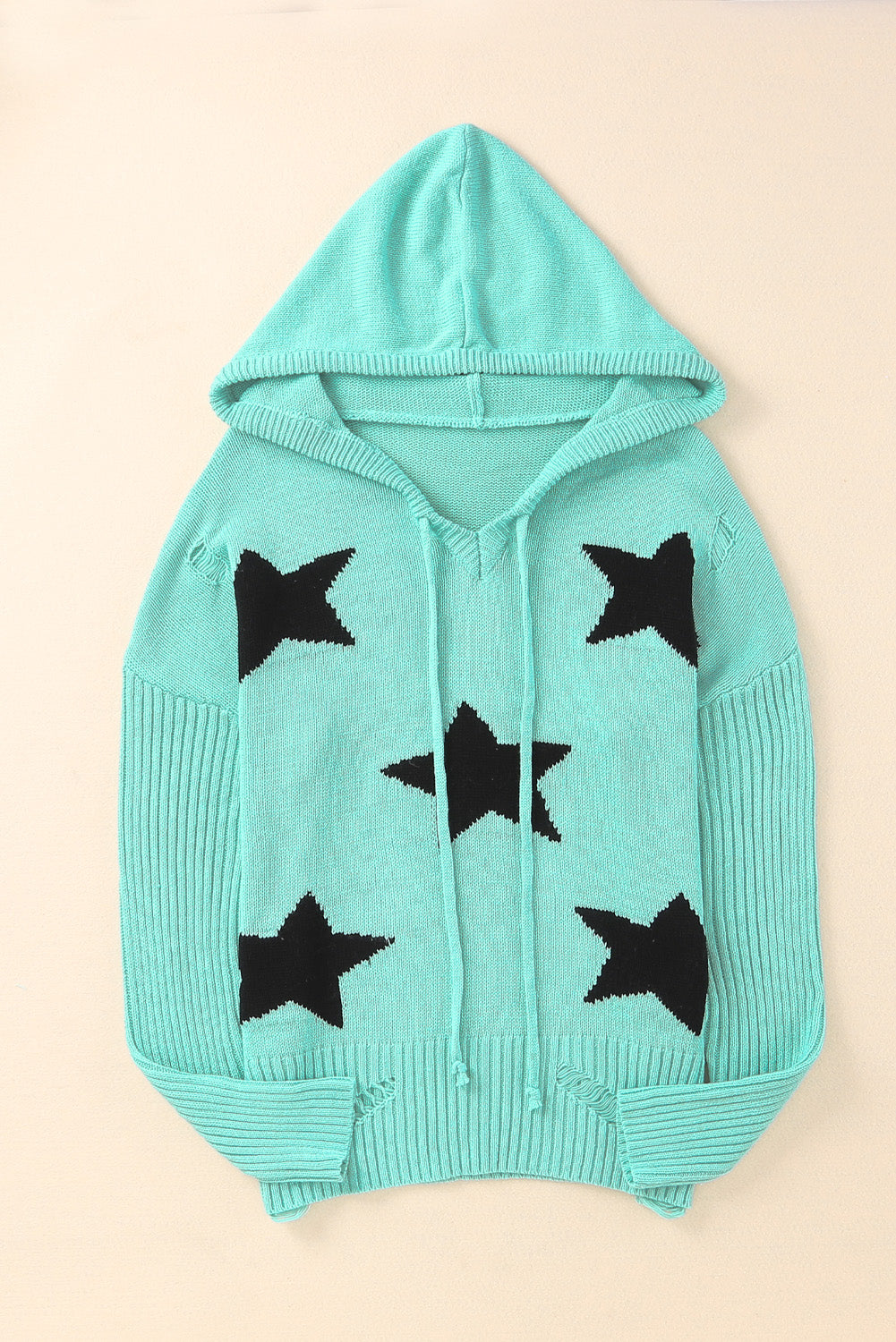 Blueberi B Women’s Distressed Drawstring Long Sleeve Hooded Sweater Cotton Acrylic Size S-XL