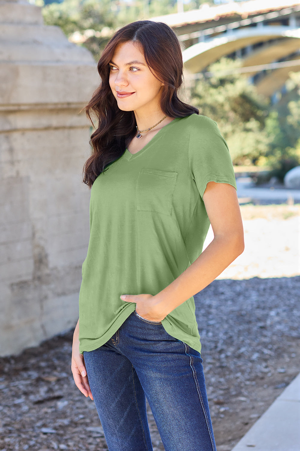 Basic Bae Women’s Bamboo Full Size V-Neck Short Sleeve T-Shirt Bamboo Spandex Size S-3XL