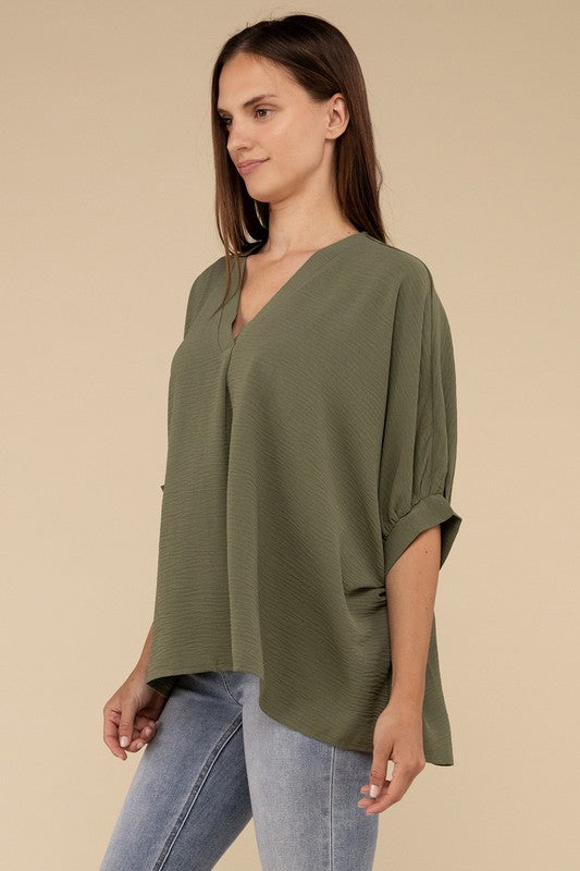 Zenana Women's Clothing Woven Airflow V-Neck Puff Half Sleeve Top Polyester S/M L/XL