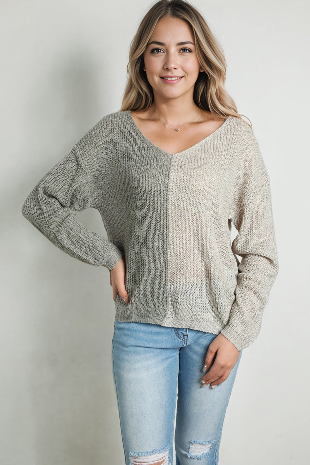 Blueberi B Women’s Contrast Color V-Neck Long Sleeve Pullover Sweater Acrylic Size S-XL