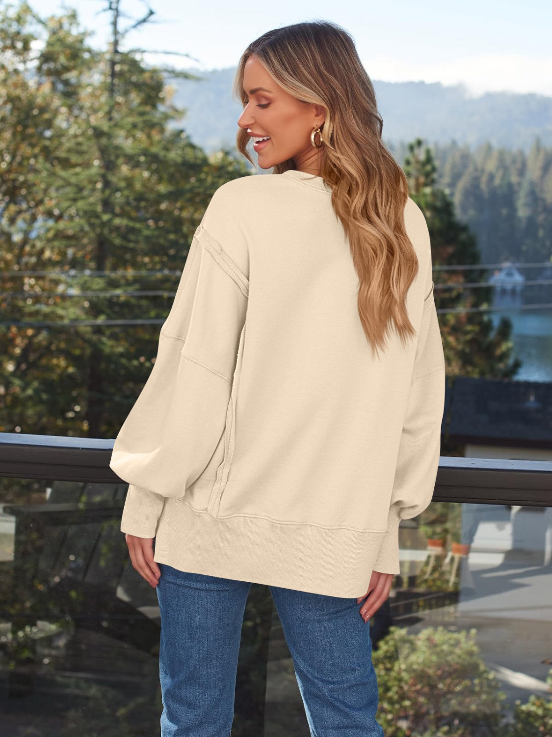 Blueberi B Women's  Slit Round Neck Long Sleeve Sweatshirt Rayon Polyester Size S-2XL