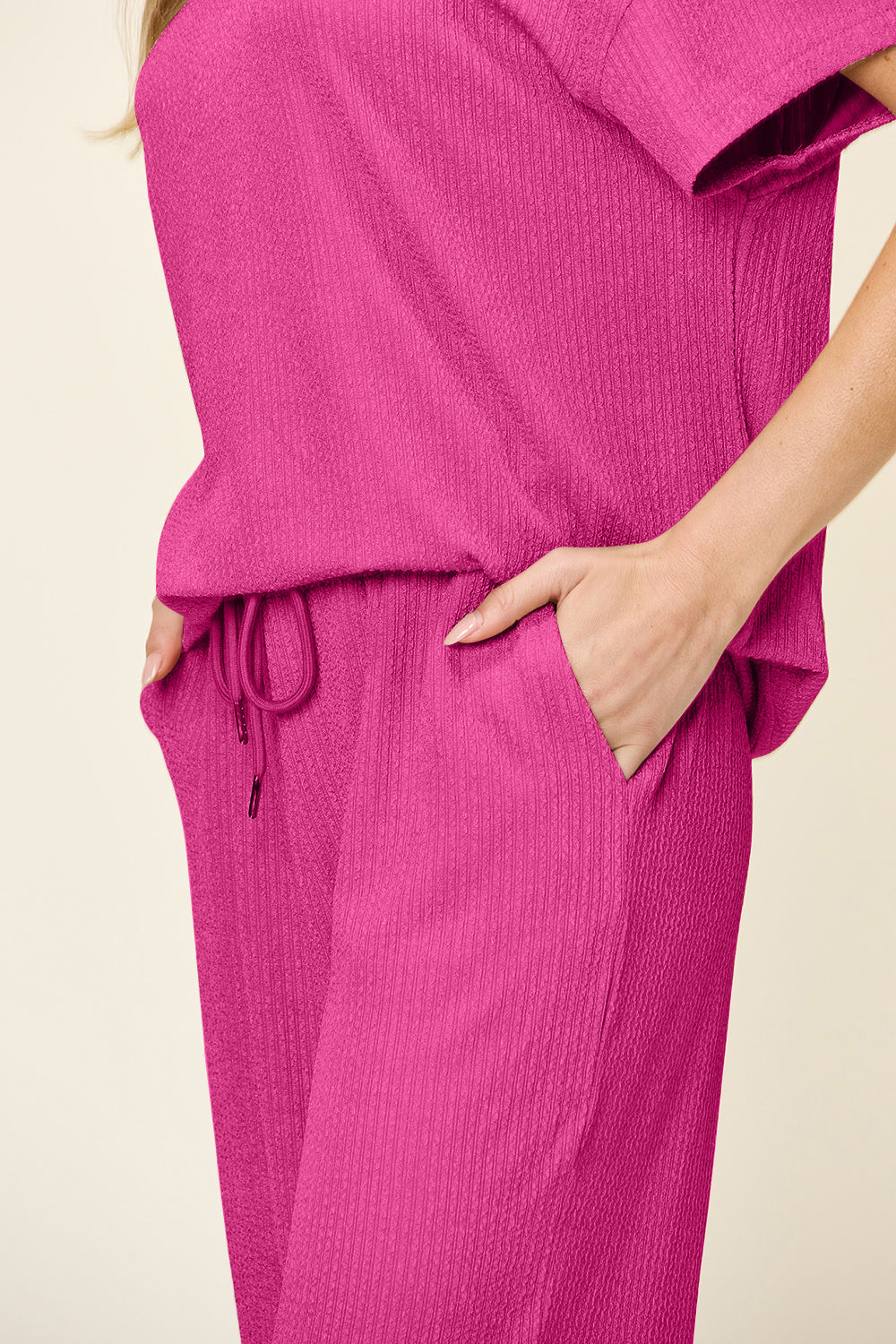 Double Take Women’s Full Size Texture Round Neck Short Sleeve T-Shirt and Wide Leg Pants Polyester Spandex Size S-3XL