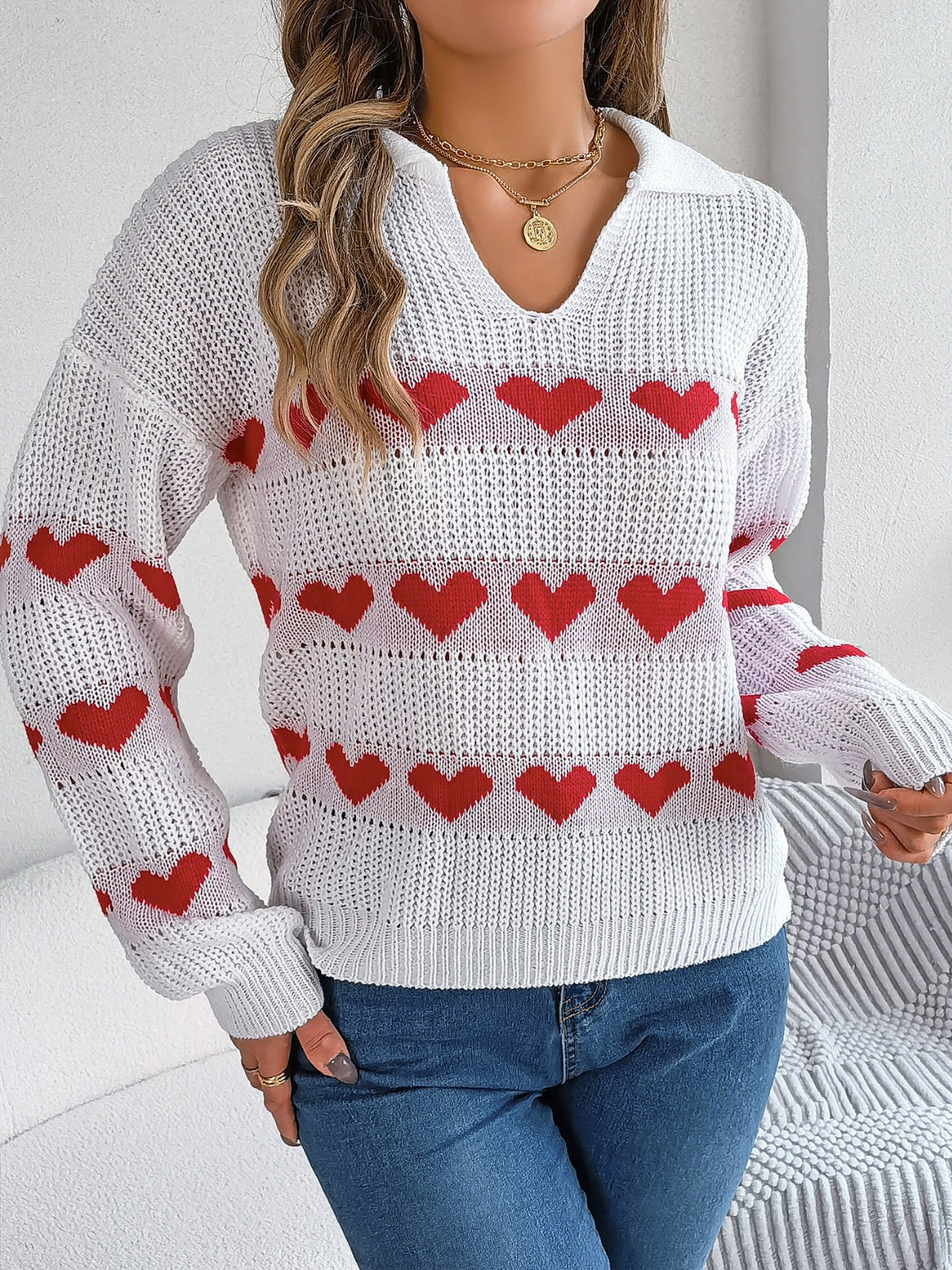 Blueberi B Women’s Heart Johnny Collar Long Sleeve Sweater Acrylic Size S-L