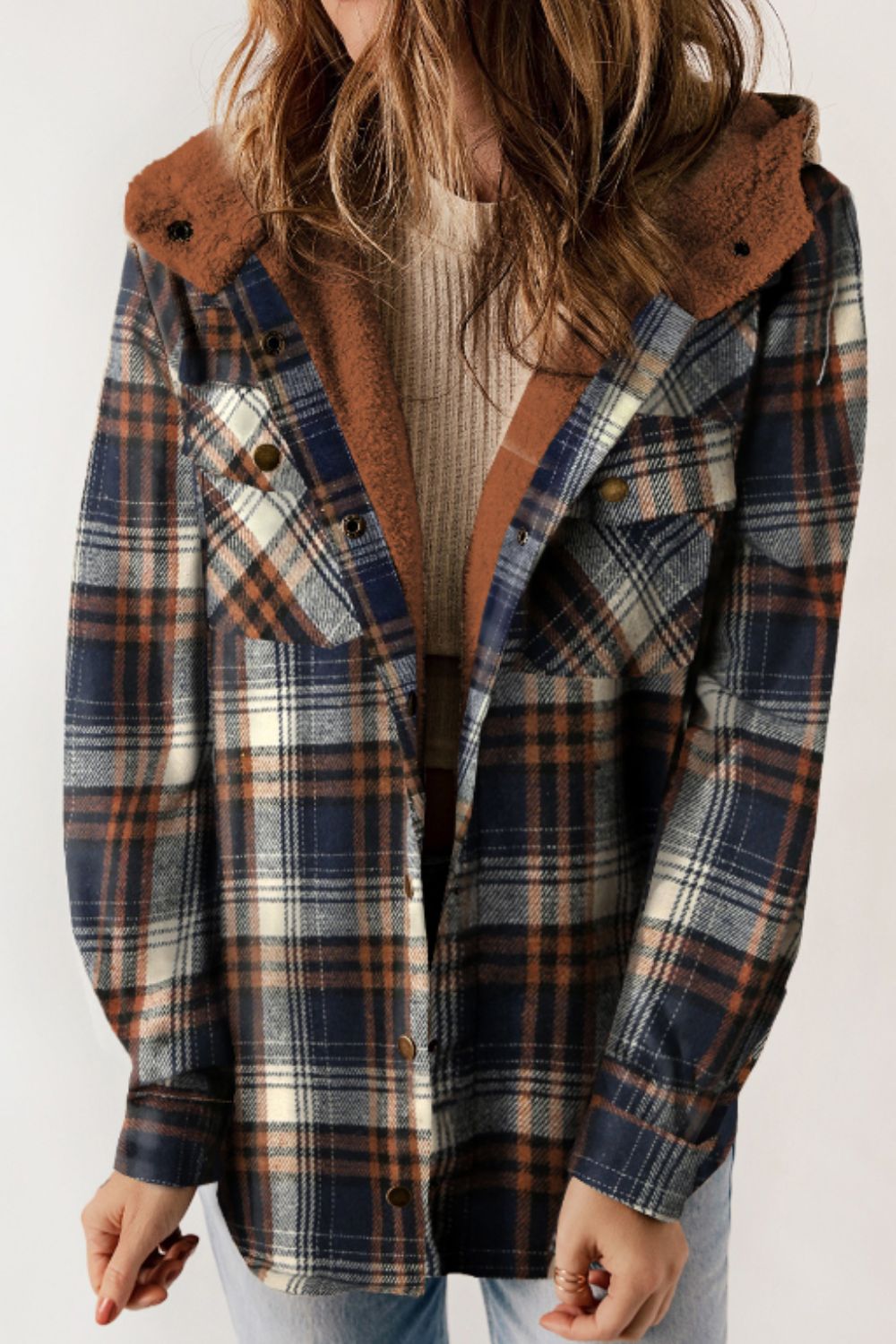 Blueberi B Women’s Plaid Button Up Long Sleeve Hooded Jacket Polyester Size S-2XL