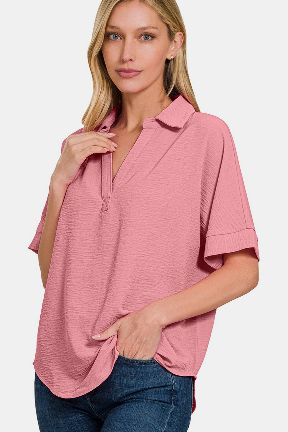 Zenana Women's Texture Collared Neck Short Sleeve Top Polyester Size S-XL