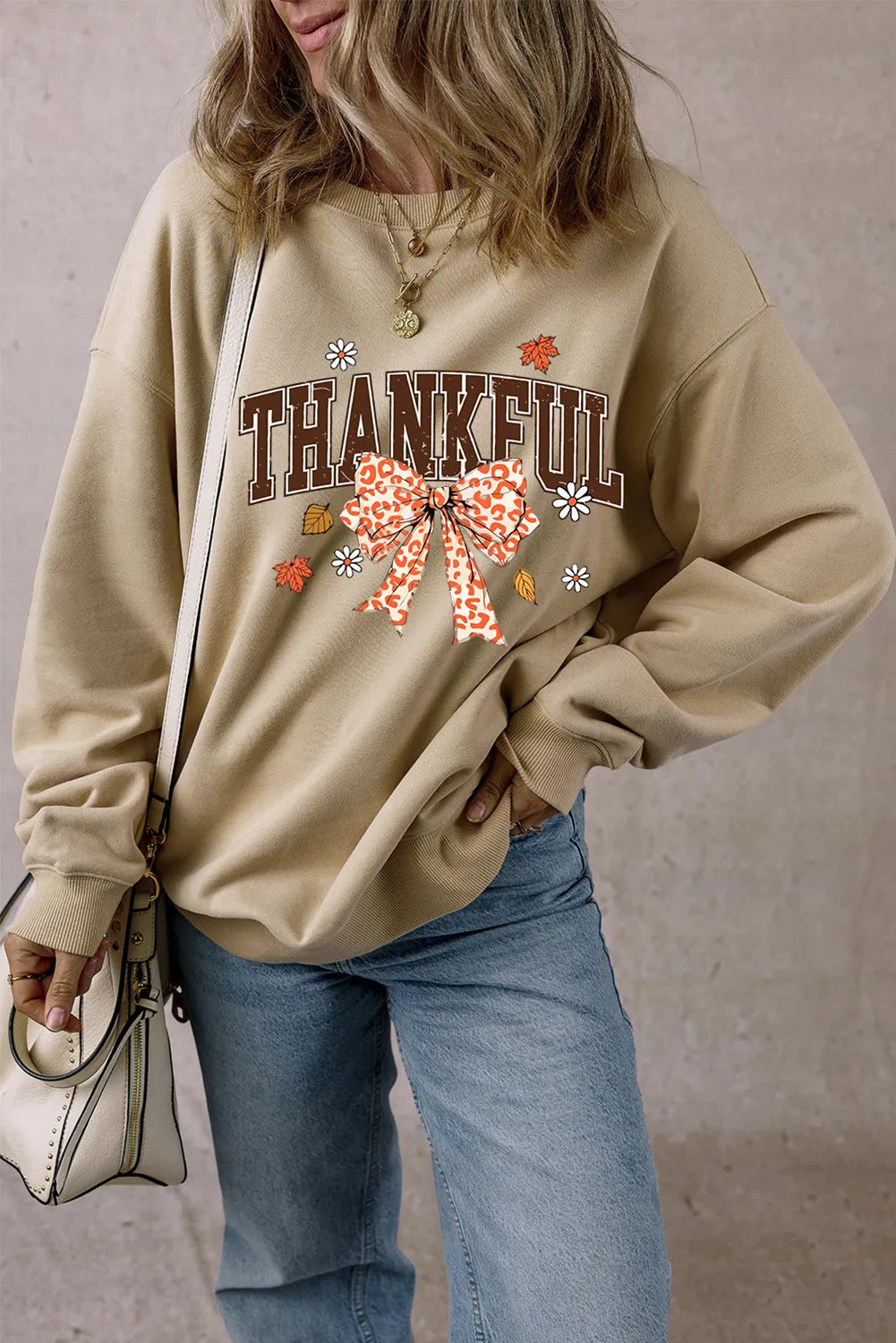 Blueberi B Women’s THANKFUL Bow Round Neck Long Sleeve Sweatshirt Polyester Cotton Size S-XL