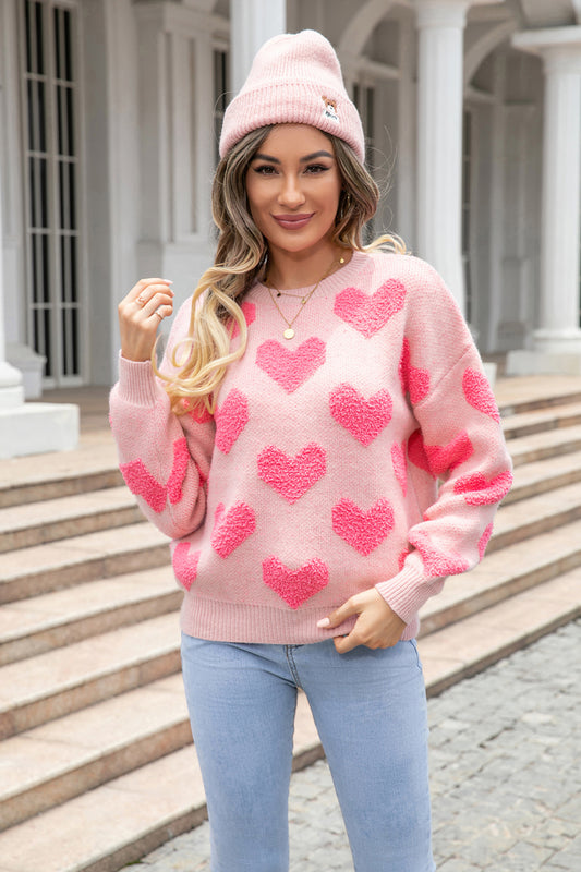Blueberi B Women’s Angel Wings Round Neck Dropped Shoulder Sweater with Heart Pattern Acrylic Nylon Polyester Size S-XL