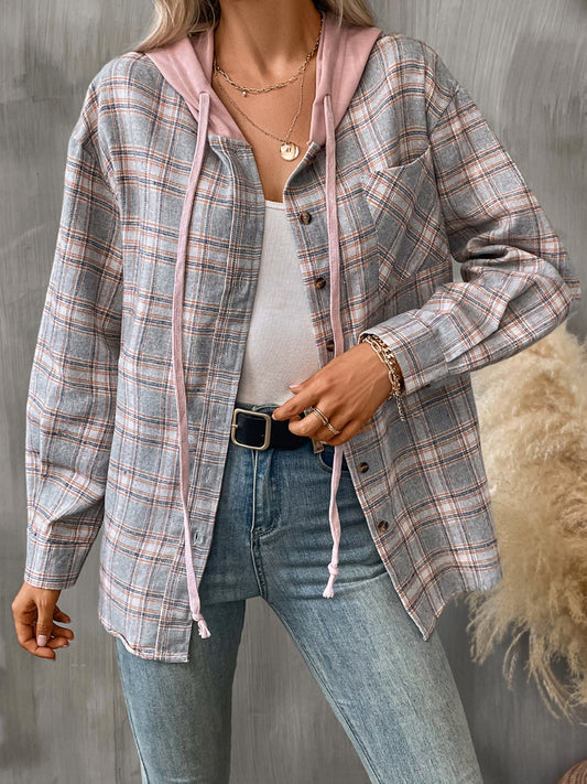 Blueberi B Women's Plaid Long Sleeve Hooded Jacket Cotton Polyester Size S-2XL