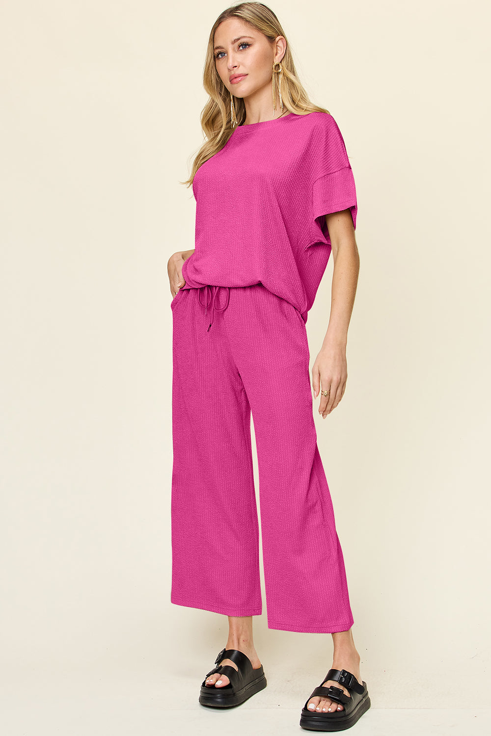 Double Take Women’s Full Size Texture Round Neck Short Sleeve T-Shirt and Wide Leg Pants Polyester Spandex Size S-3XL