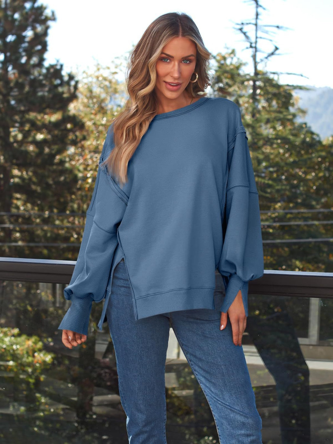 Blueberi B Women's  Slit Round Neck Long Sleeve Sweatshirt Rayon Polyester Size S-2XL