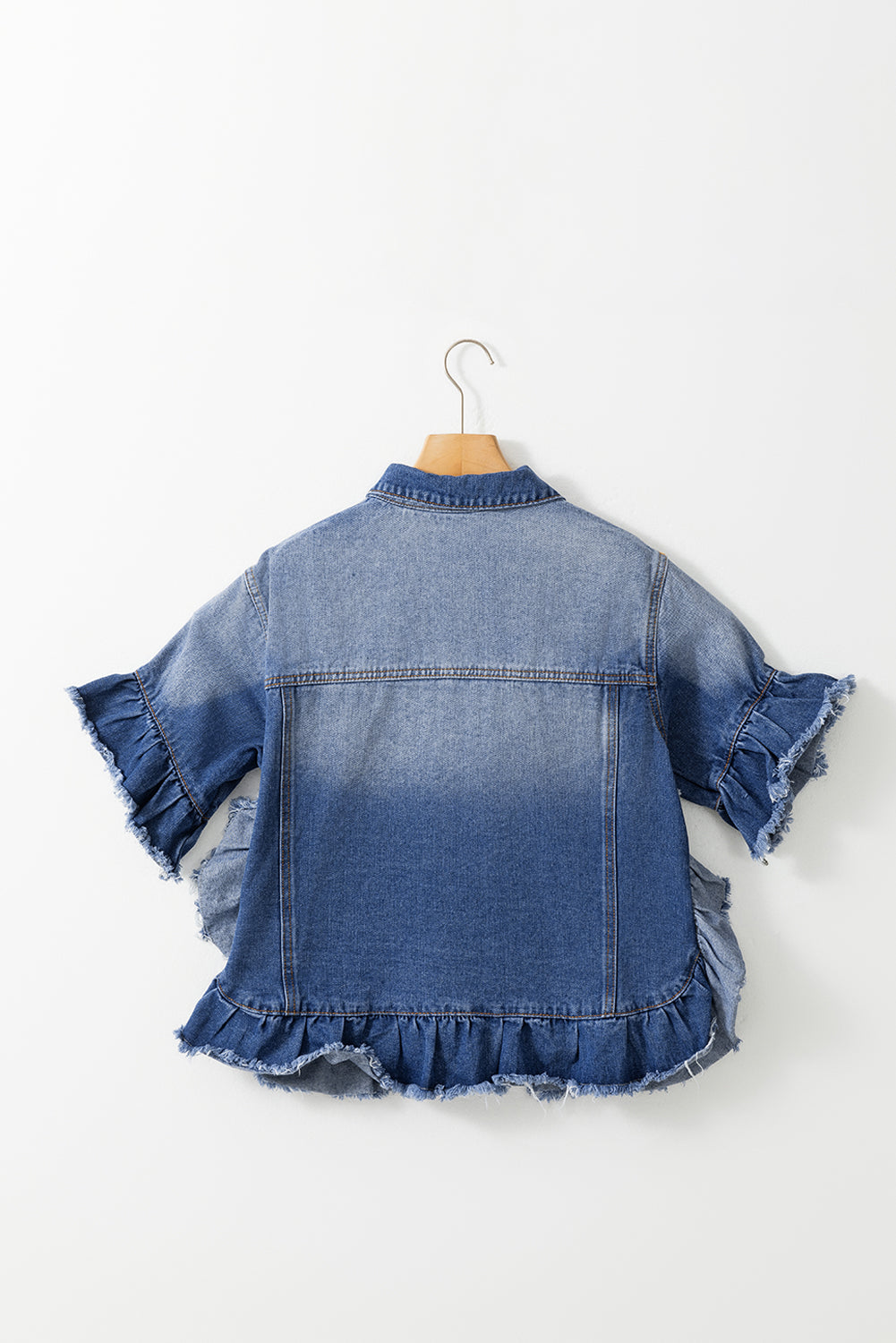 Blueberi B Women’s Ruffled Raw Hem Half Sleeve Denim Top Cotton Polyester Size S-2XL