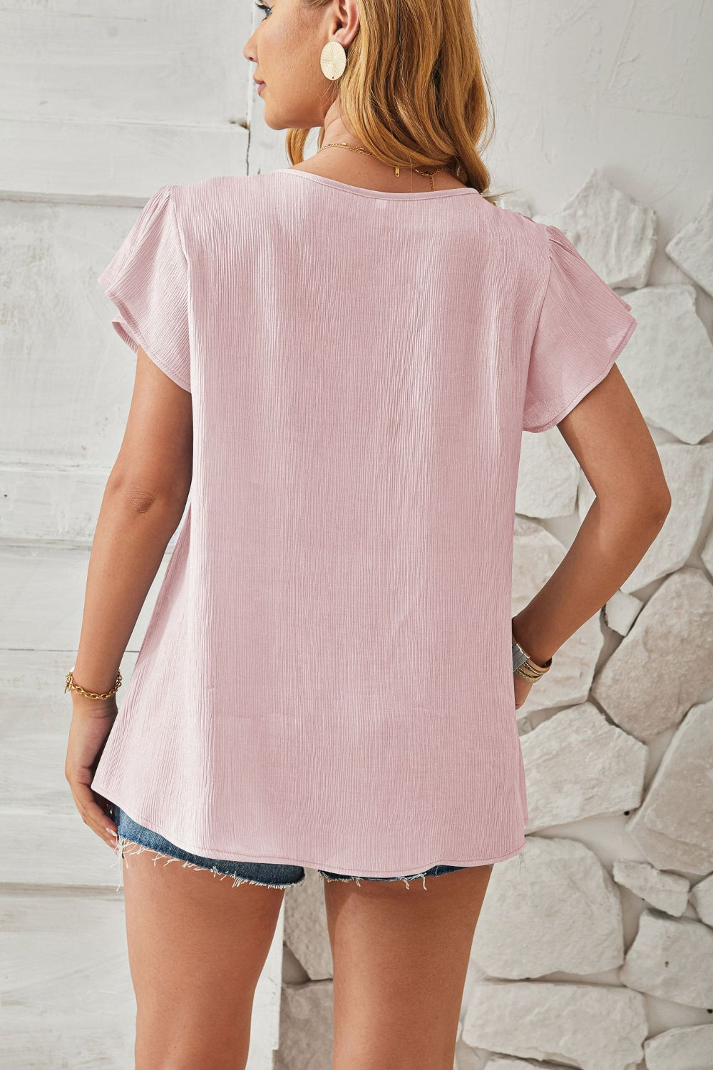 Blueberi B Women's Ruched V-Neck Flounce Sleeve Blouse Polyester Size S-2XL