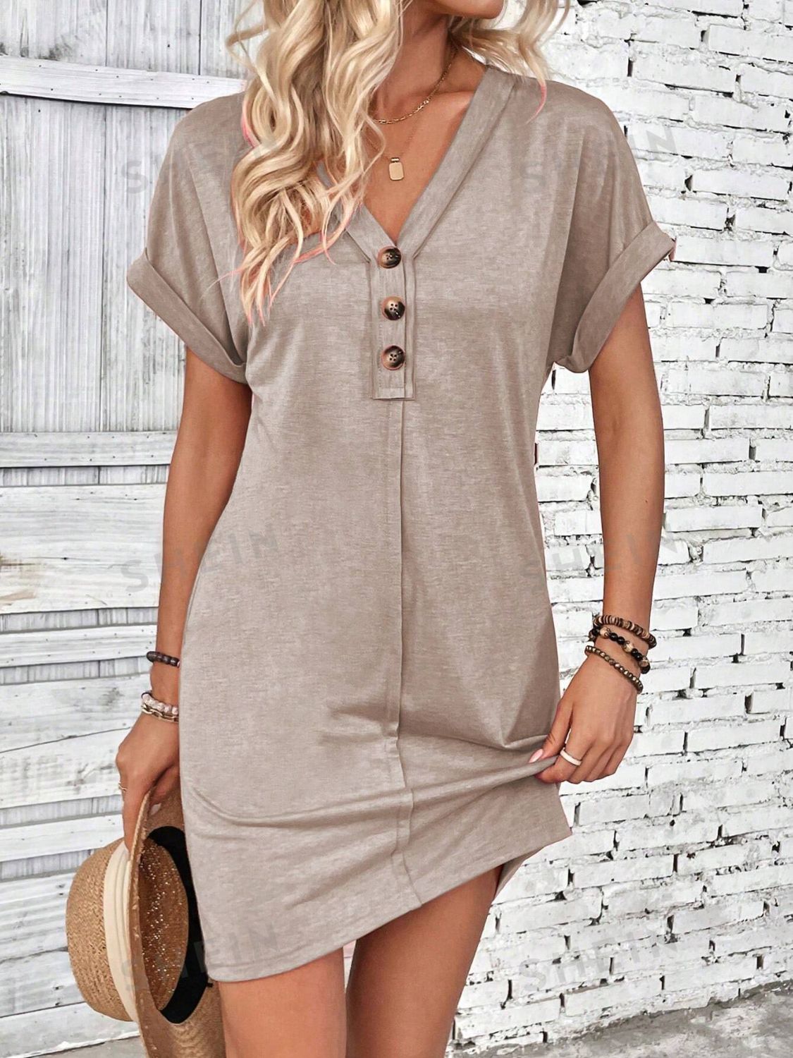 Blueberi B Women’s Quarter Button V-Neck Short Sleeve Dress Polyester Size S-XL