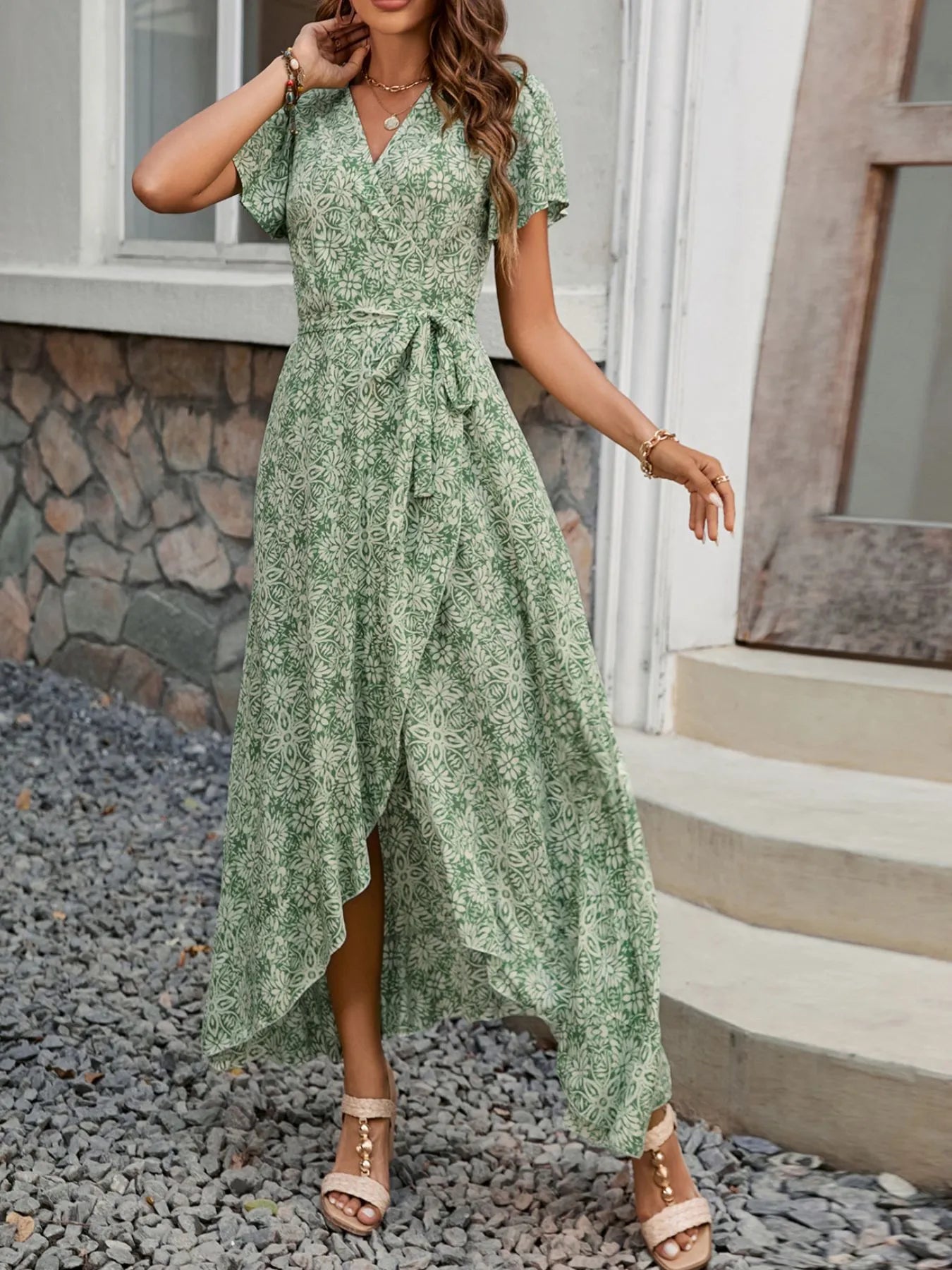 Printed Surplice Maxi Dress with Flutter Sleeves Green / L