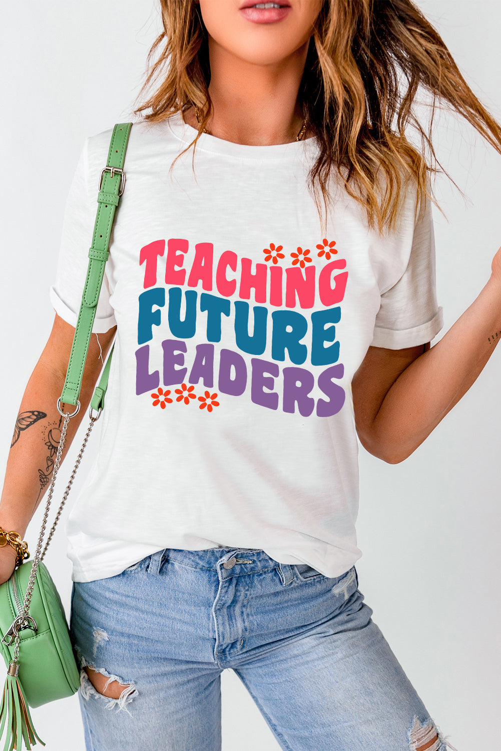 Blueberi B Women't Letter Graphic Round Neck Short Sleeve T-Shirt Polyester Cotton Elastane Size S-2XL