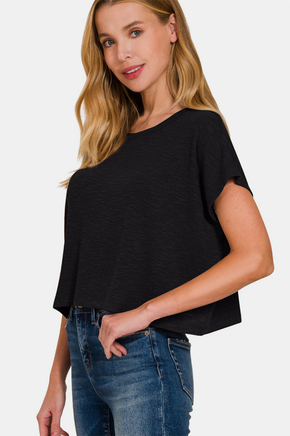 Zenana Women's Round Neck Short Sleeve Crop T-Shirt Polyester Rayon Spandex Size S-XL