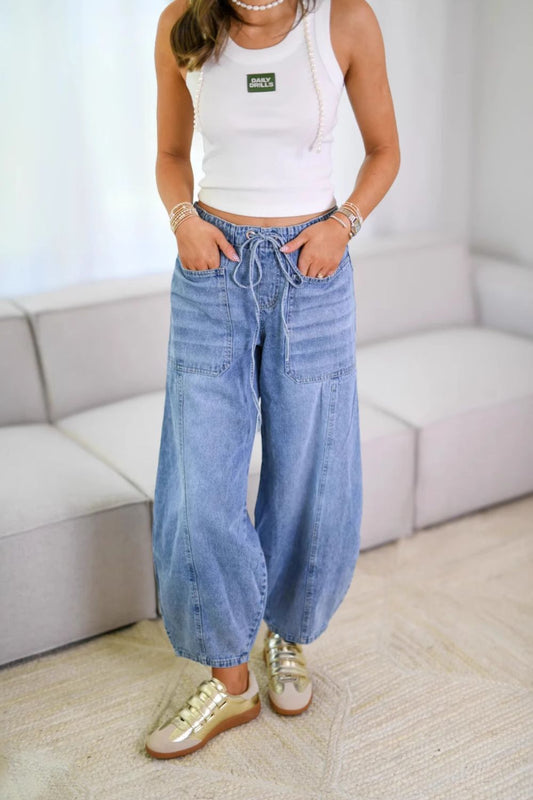 Blueberi B Women’s Drawstring Jeans with Pockets Rayon Polyester Size S-2XL