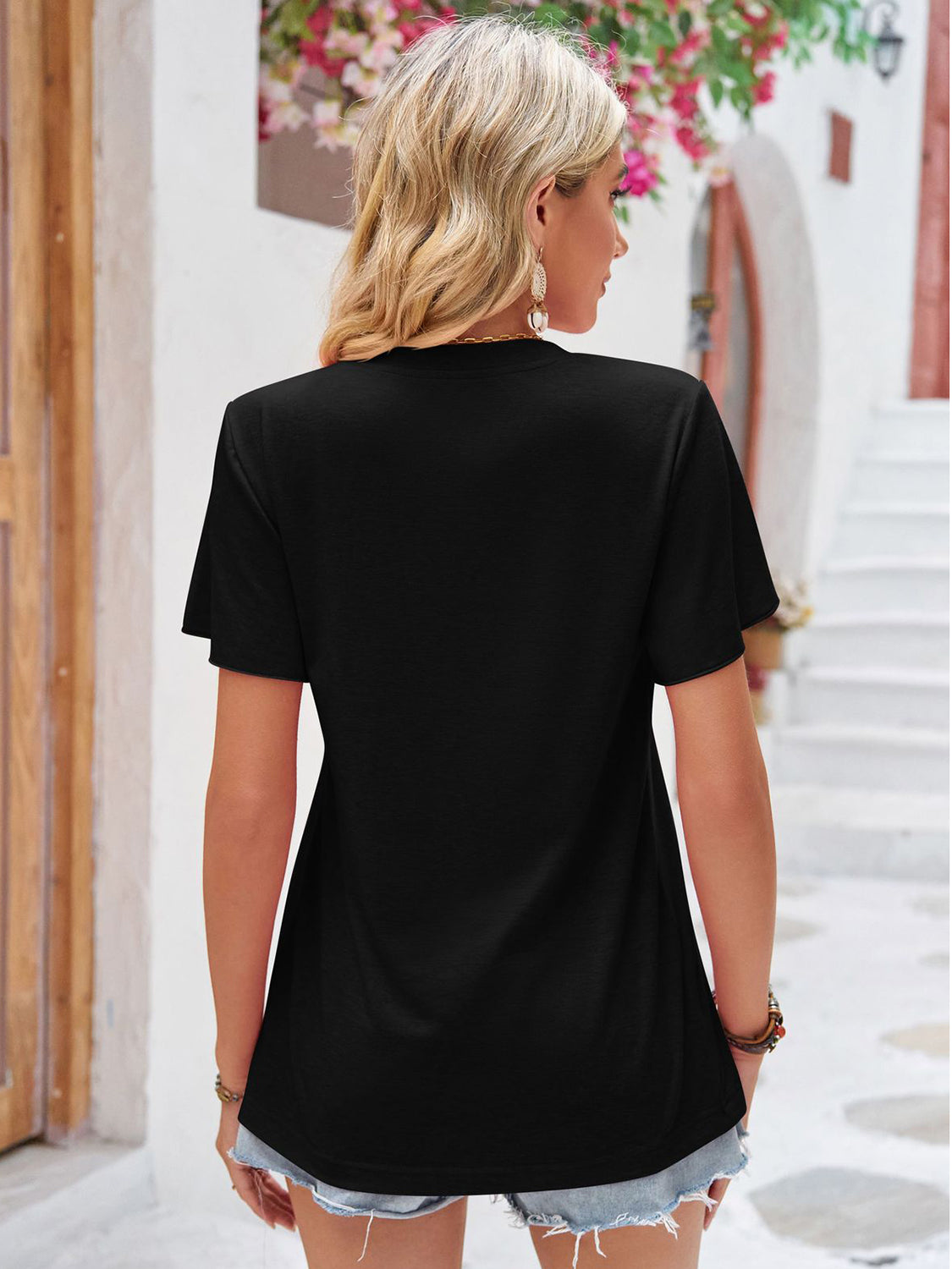 Double Take Women’s Ruched V-Neck Short Sleeve T-Shirt Polyester Rayon Spandex Size S-2XL