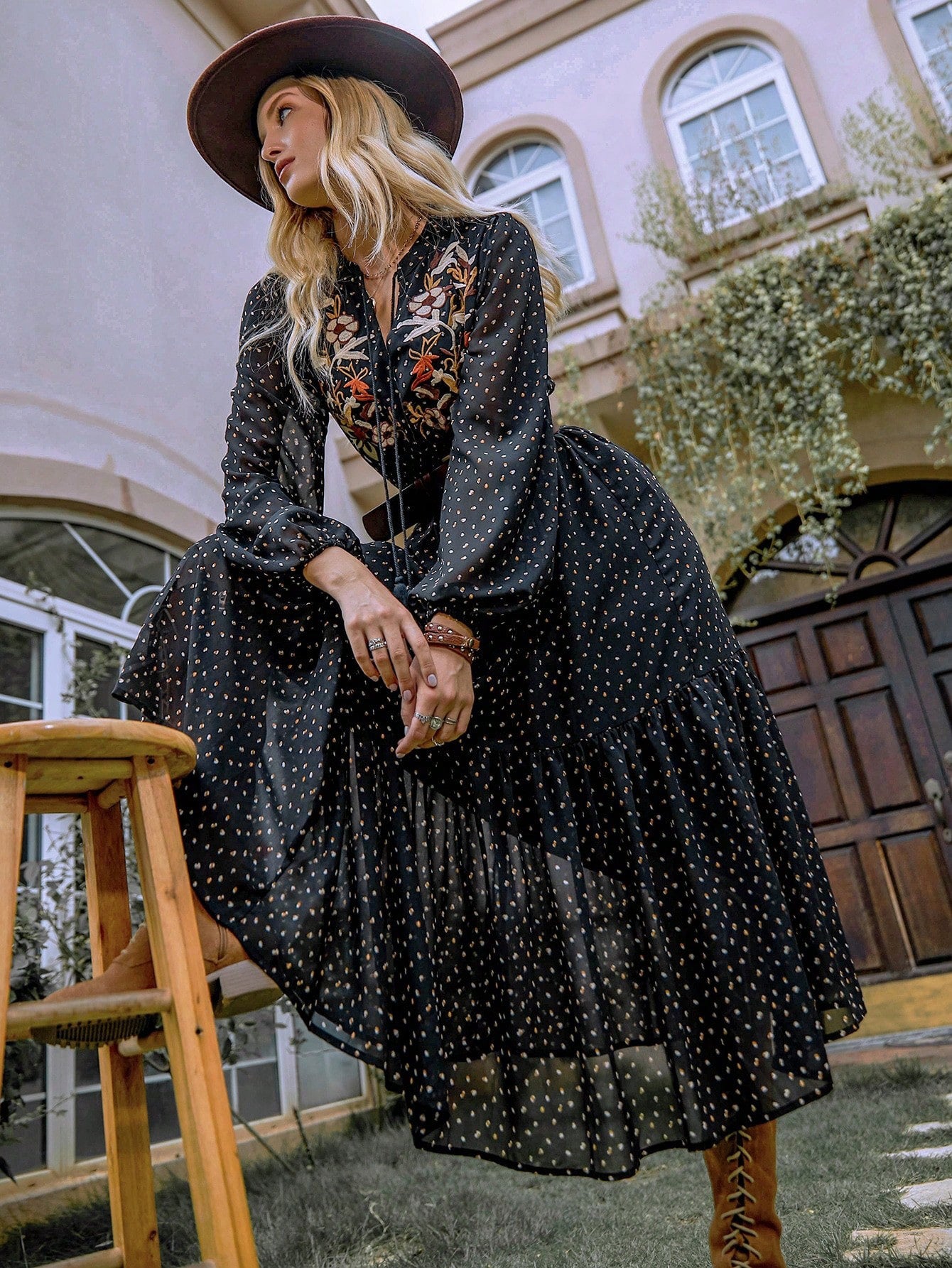 Blueberi B Women’s Embroidered Polka Dot Tie Neck Long Sleeve Midi Dress Polyester Size S-2XL