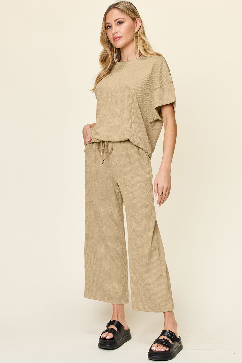 Double Take Women’s Full Size Texture Round Neck Short Sleeve T-Shirt and Wide Leg Pants Polyester Spandex Size S-3XL