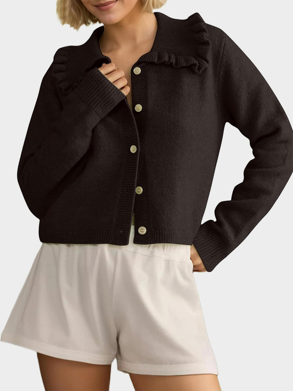 Blueberi B Women’s Frill Button Up Collared Neck Long Sleeve Cardigan Polyester Cotton Size S-XL