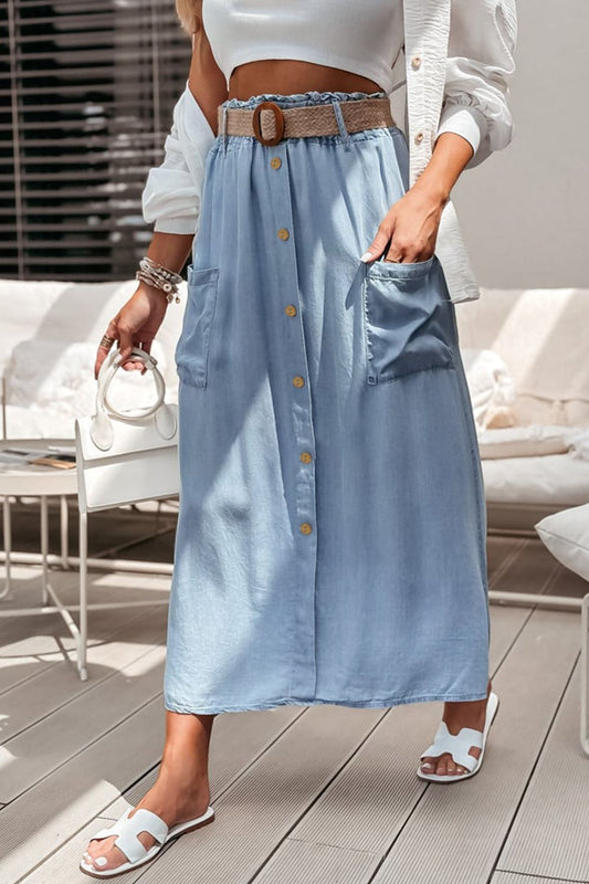 Blueberi B Women’s Frill Midi Skirt with Pockets Lyocell Size S-XL