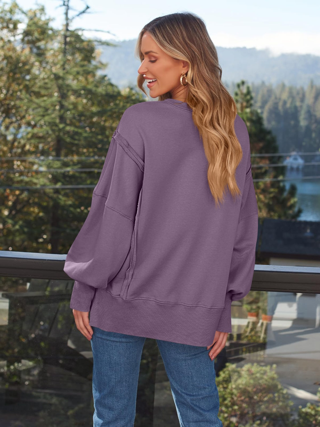 Blueberi B Women's  Slit Round Neck Long Sleeve Sweatshirt Rayon Polyester Size S-2XL