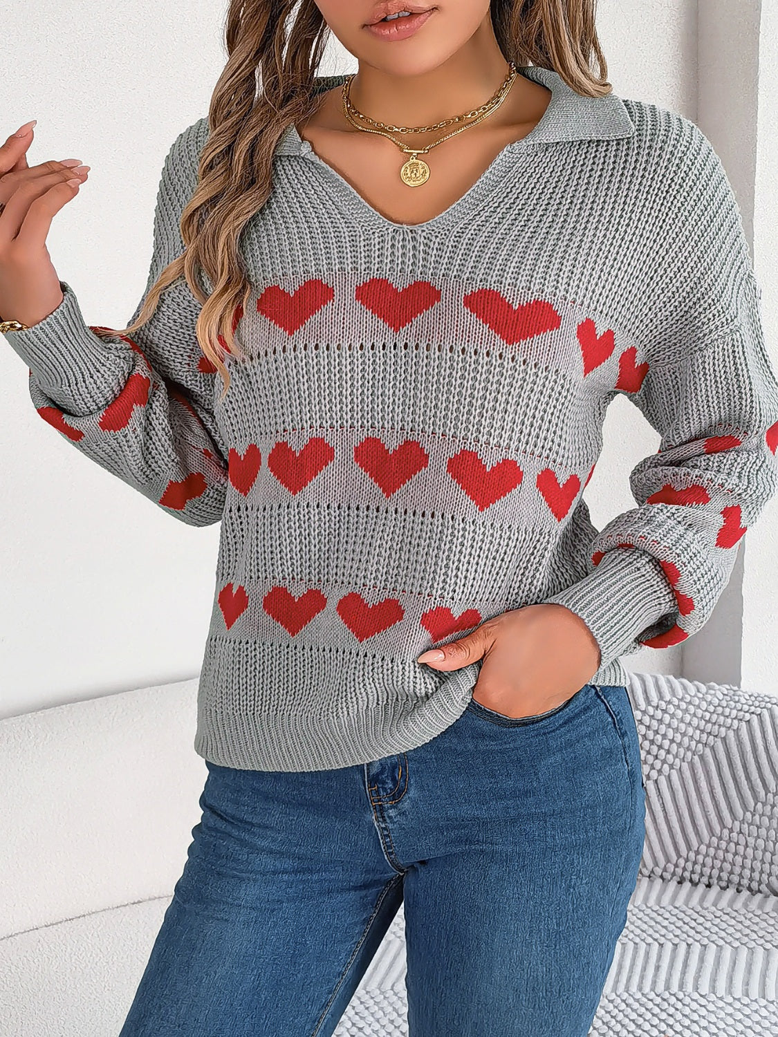 Blueberi B Women’s Heart Johnny Collar Long Sleeve Sweater Acrylic Size S-L