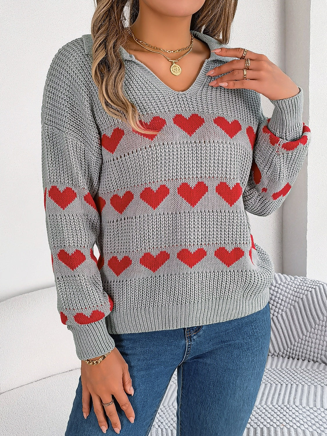 Blueberi B Women’s Heart Johnny Collar Long Sleeve Sweater Acrylic Size S-L