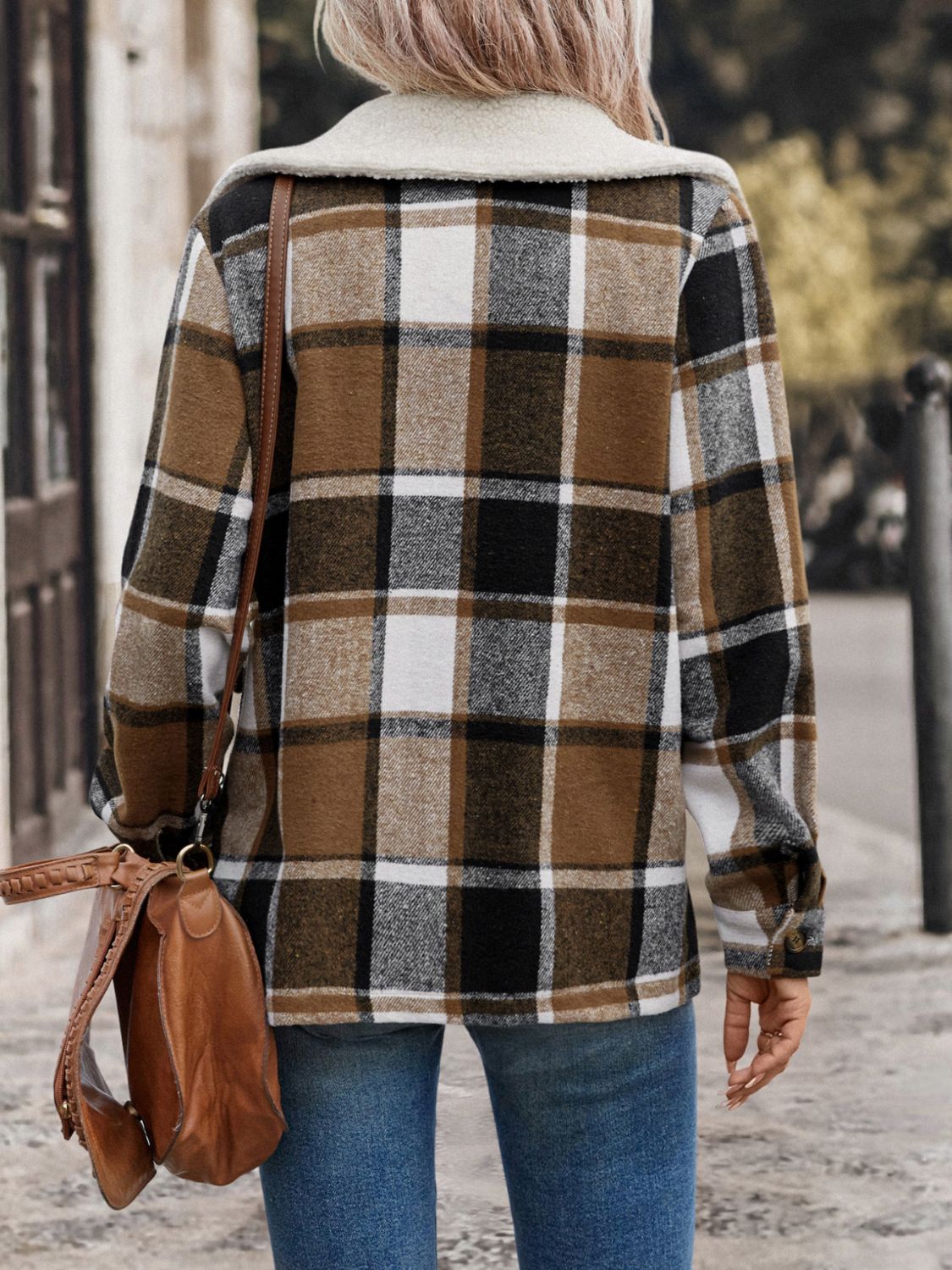 Perfee Women’s Pocketed Plaid Button Up Collared Neck Jacket Cotton Polyester Size S-XL