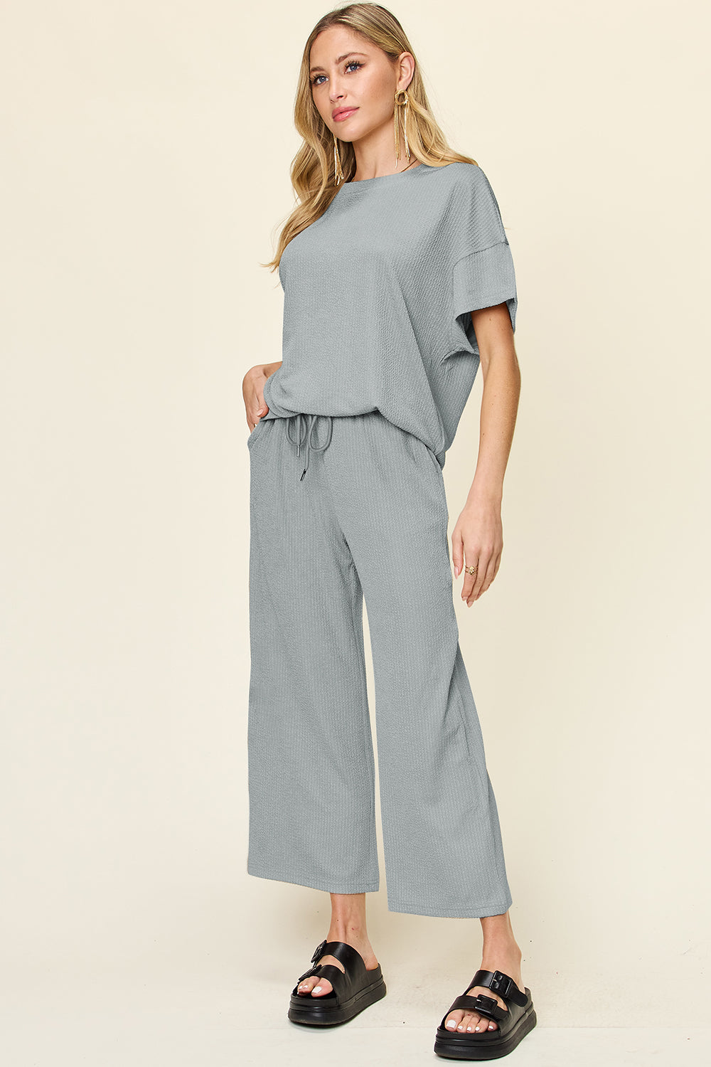 Double Take Women’s Full Size Texture Round Neck Short Sleeve T-Shirt and Wide Leg Pants Polyester Spandex Size S-3XL