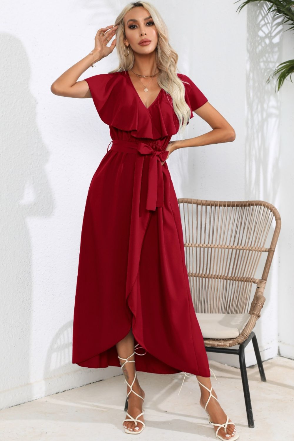 Blueberi B Women’s Ruffled Tied V-Neck Midi Dress Polyester S-XL