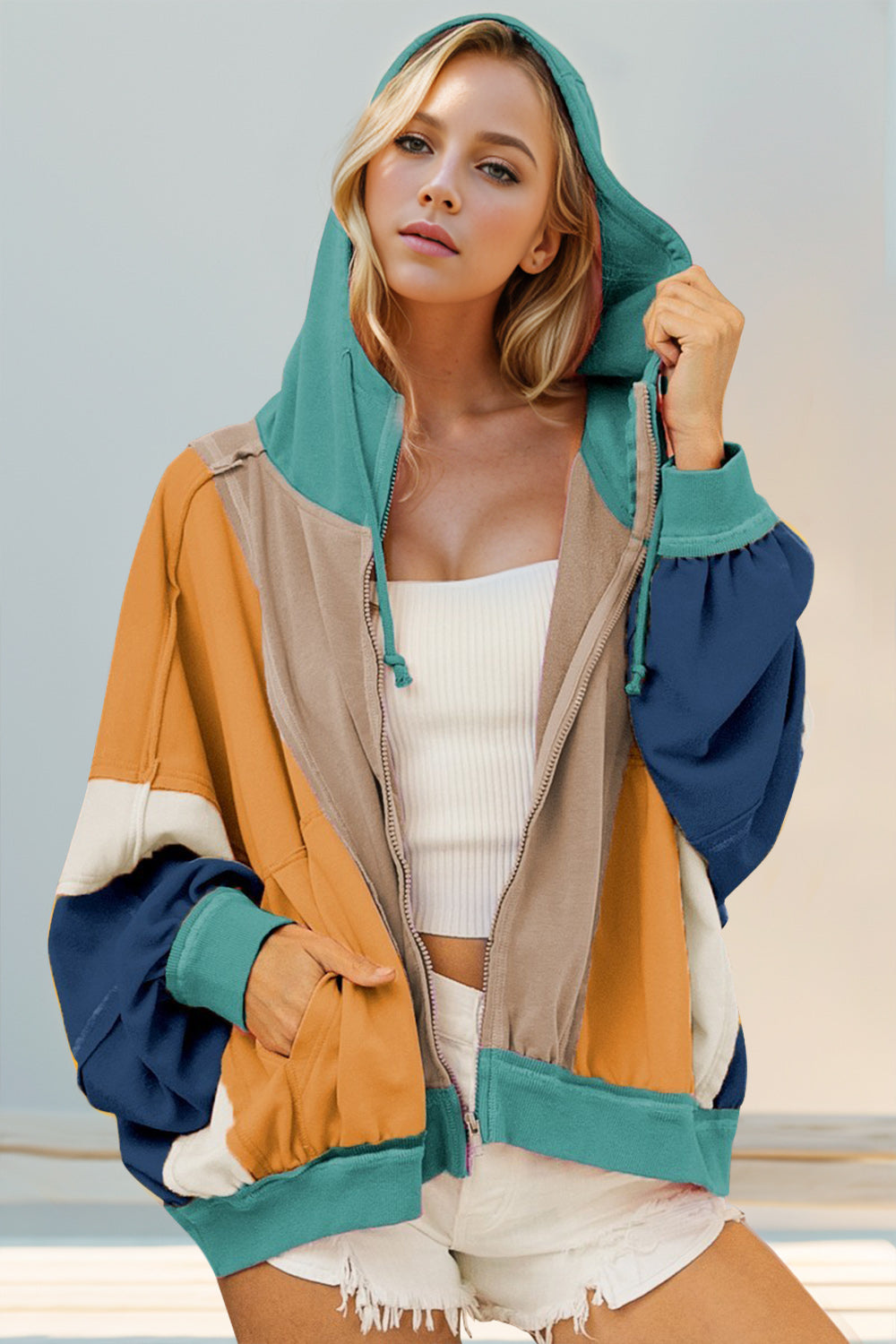 Double Take Women’s Full Size Color Block Long Sleeve Zip Up Hoodie Cotton Polyester Size S-3XL
