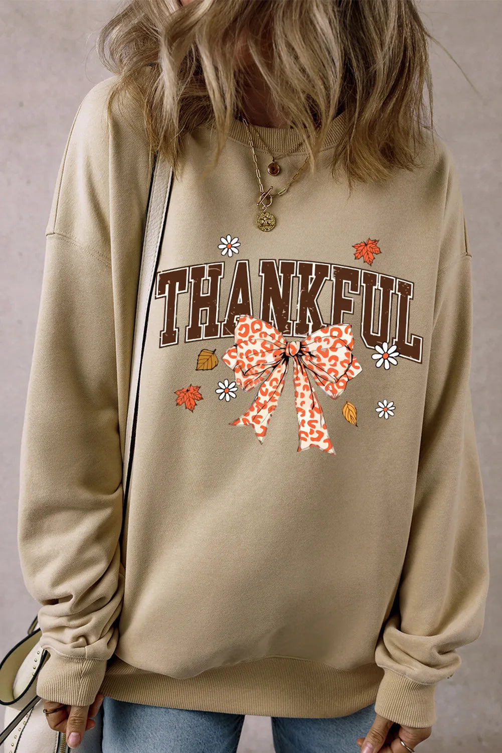Blueberi B Women’s THANKFUL Bow Round Neck Long Sleeve Sweatshirt Polyester Cotton Size S-XL