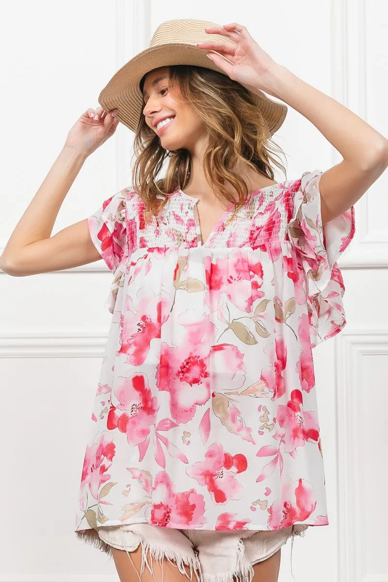 BiBi Floral Print Flutter Sheer Top – Blueberi Boutique