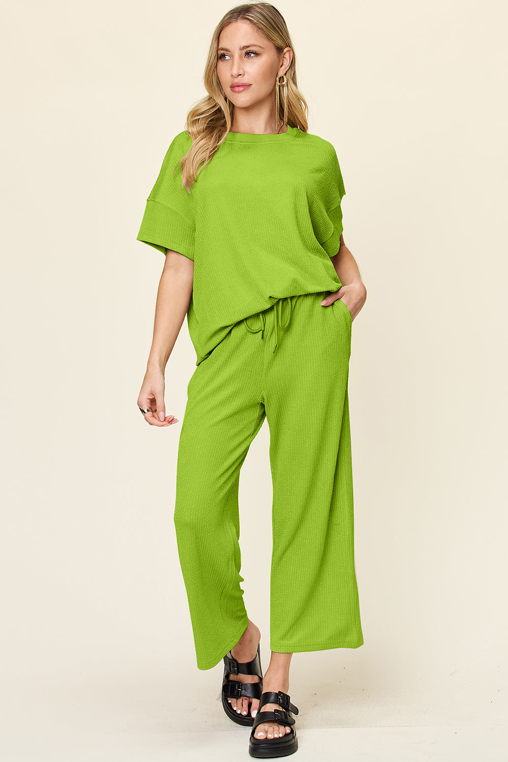 Double Take Women’s Full Size Texture Round Neck Short Sleeve T-Shirt and Wide Leg Pants Polyester Spandex Size S-3XL