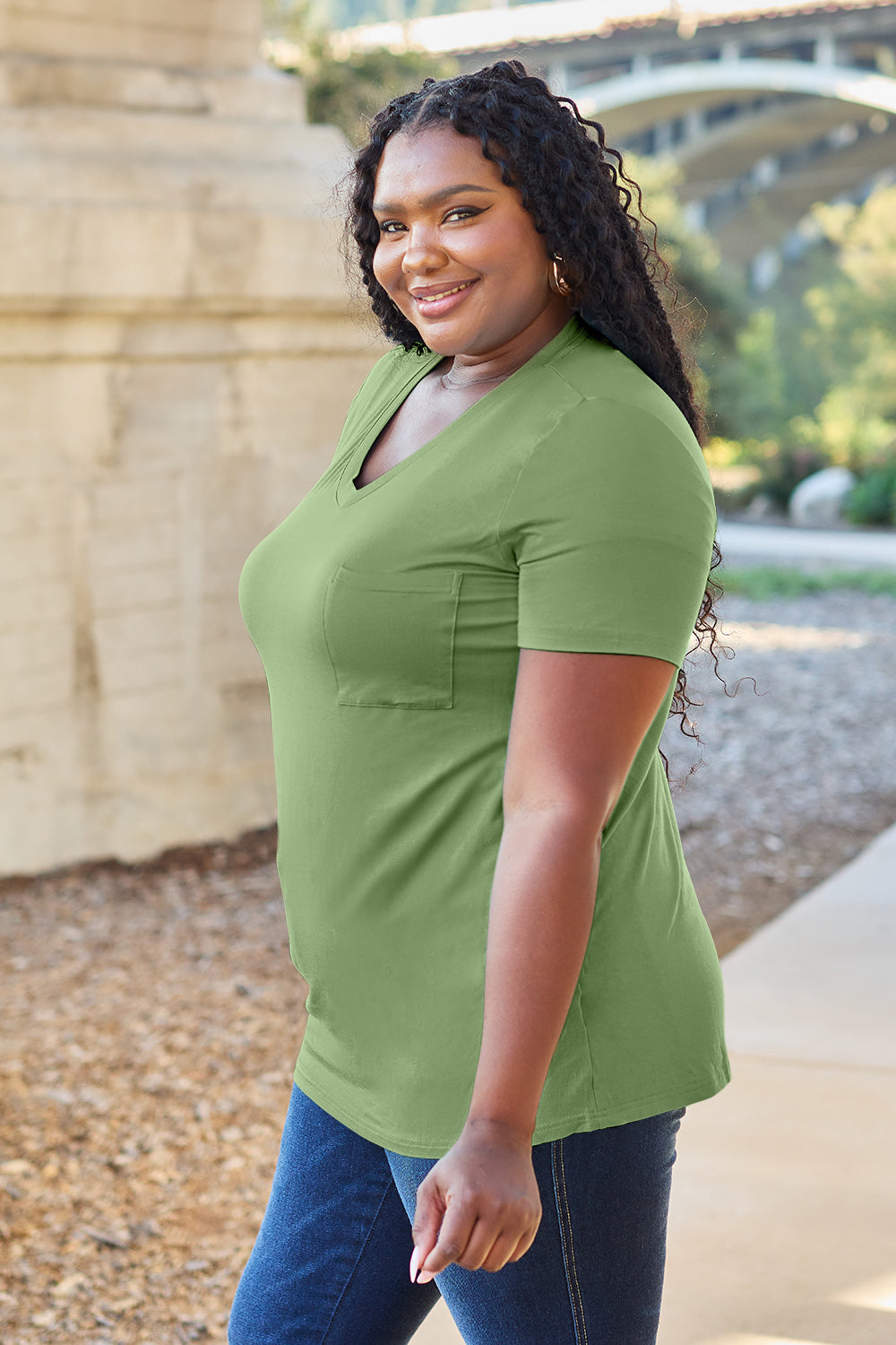 Basic Bae Women’s Bamboo Full Size V-Neck Short Sleeve T-Shirt Bamboo Spandex Size S-3XL