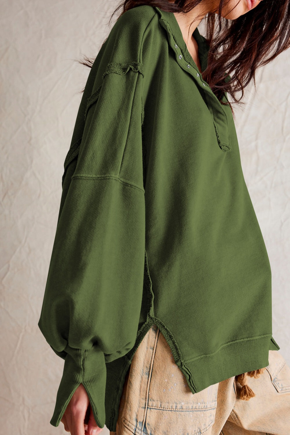 Blueberi B Women’s Exposed Seam Side Slit Long Sleeve Sweatshirt Polyester Viscose Size S-XL