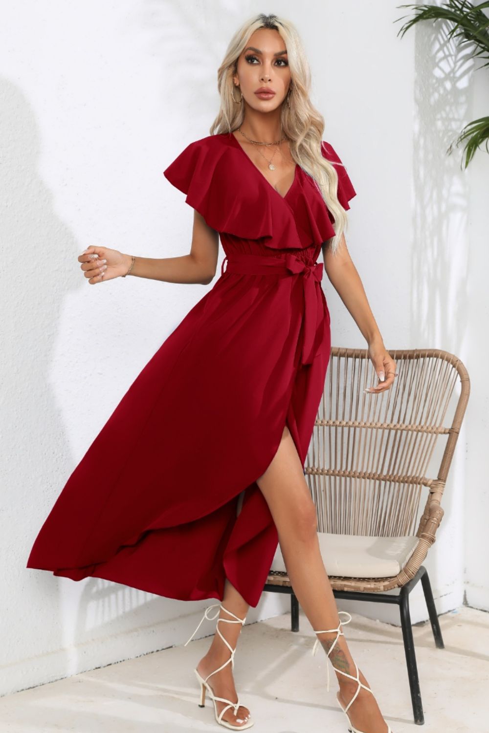 Blueberi B Women’s Ruffled Tied V-Neck Midi Dress Polyester S-XL