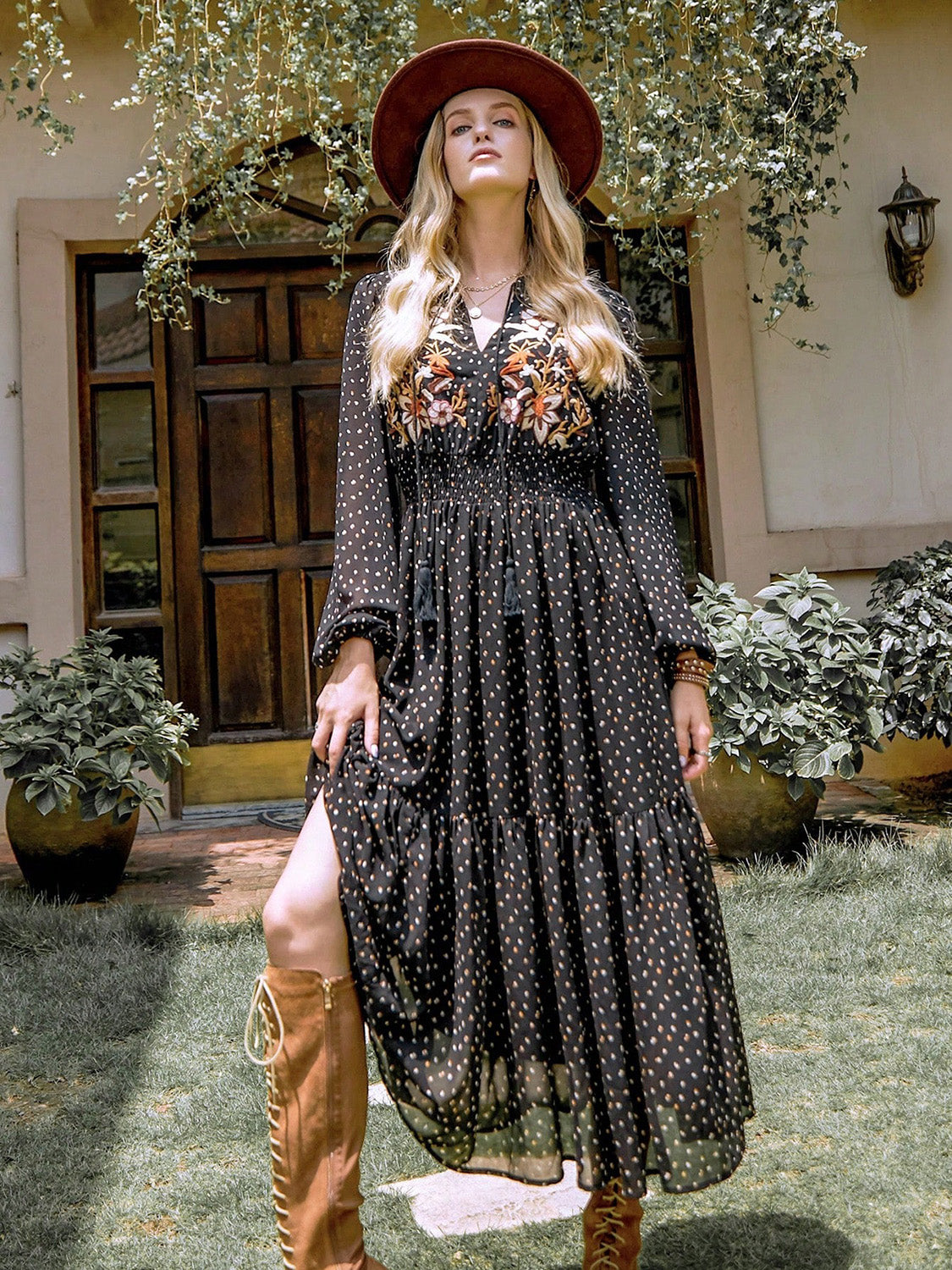 Embroidered Polka Dot Tie Neck Long Sleeve Midi Dress Black / L