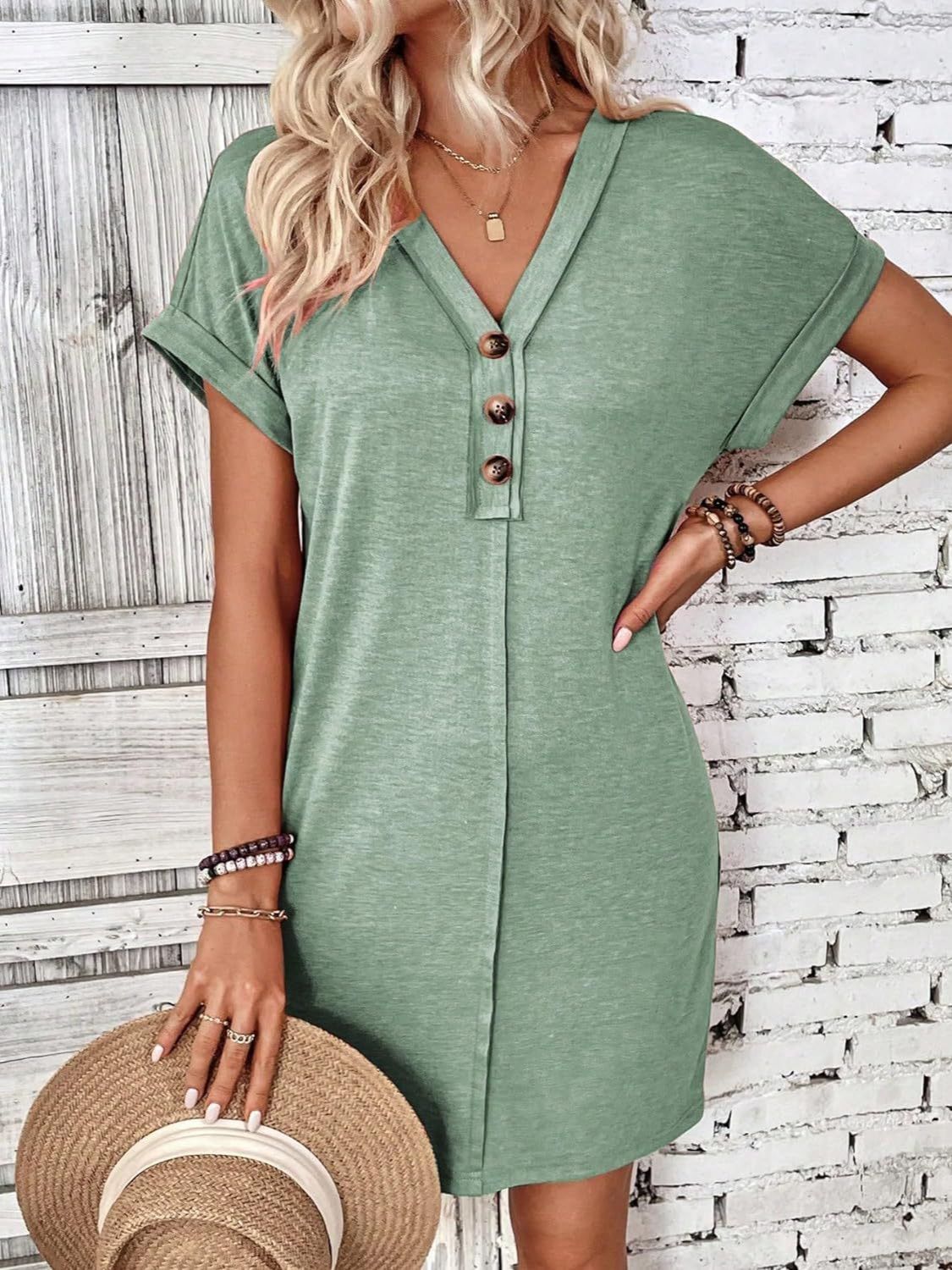 Blueberi B Women’s Quarter Button V-Neck Short Sleeve Dress Polyester Size S-XL
