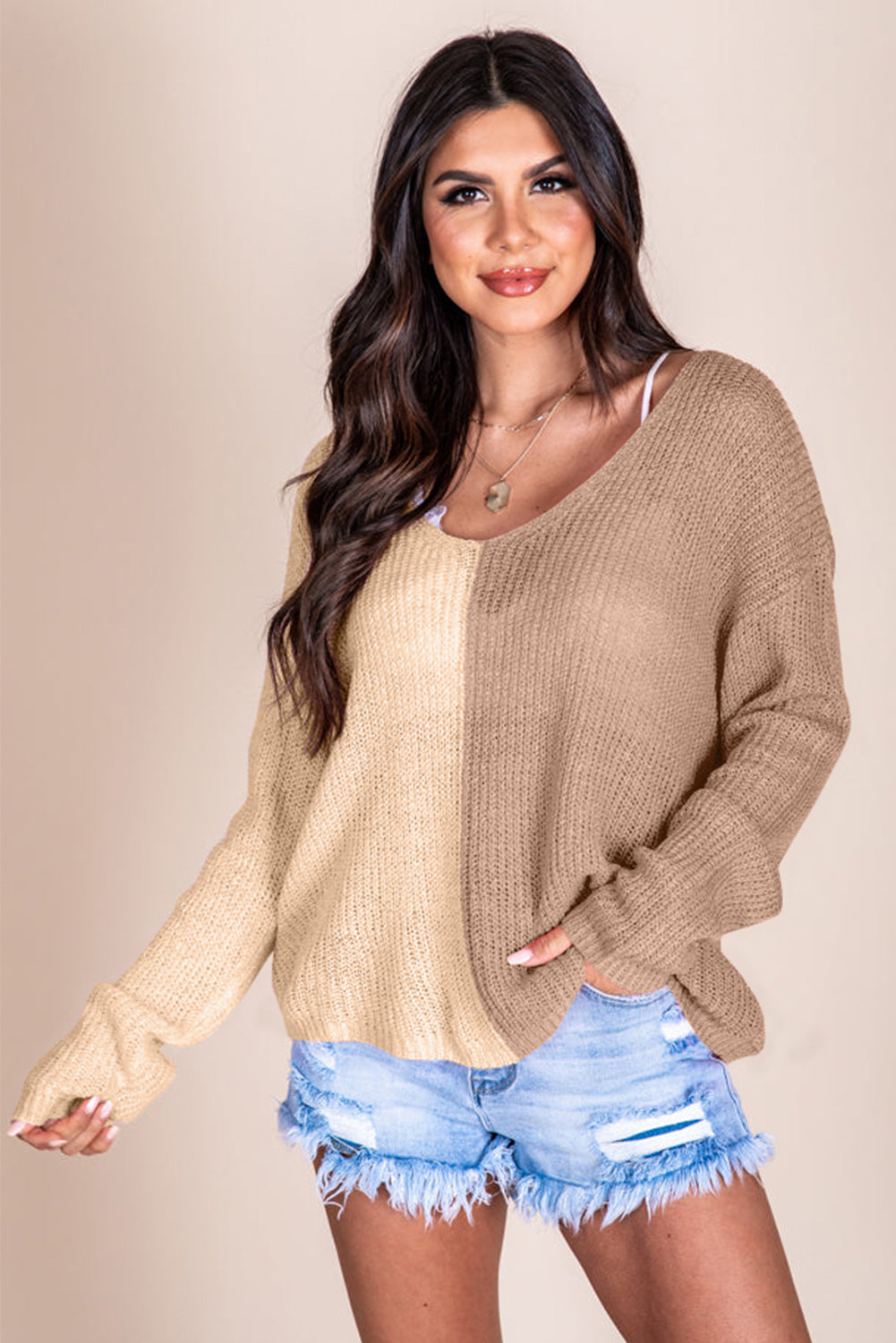Blueberi B Women’s Contrast Color V-Neck Long Sleeve Pullover Sweater Acrylic Size S-XL