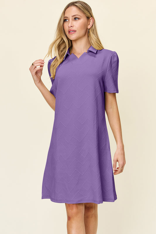 Double Take Women’s Full Size Texture Collared Neck Short Sleeve Dress Polyester Spandex Size S-3XL
