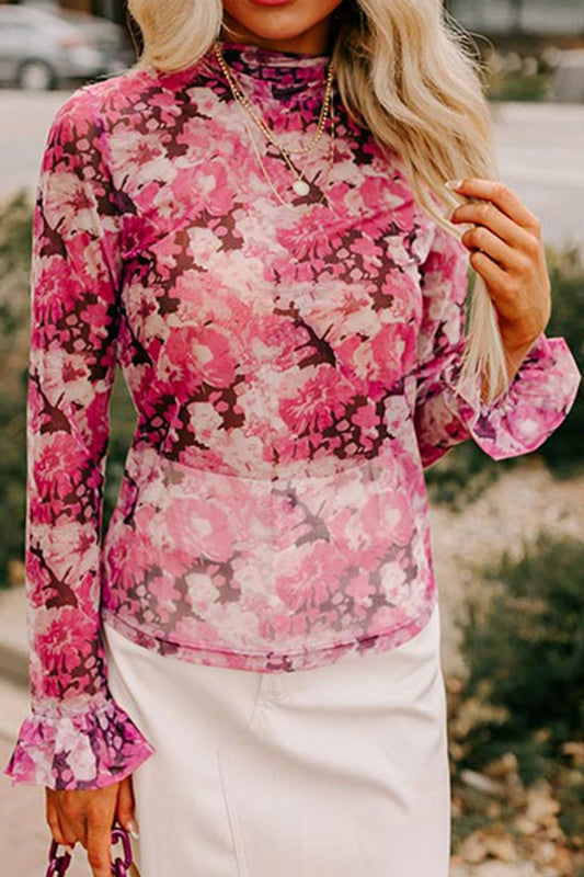 Blueberi B Women’s FloralTurtleneck Long Flounce Sleeve Blouse Polyester Elastane Size S-XL
