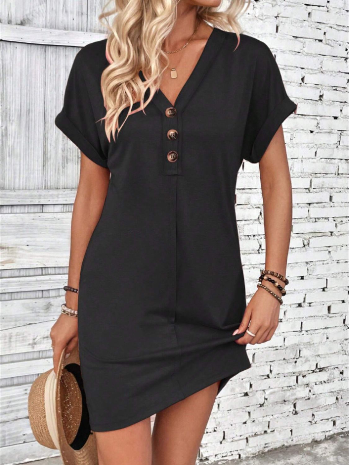 Blueberi B Women’s Quarter Button V-Neck Short Sleeve Dress Polyester Size S-XL