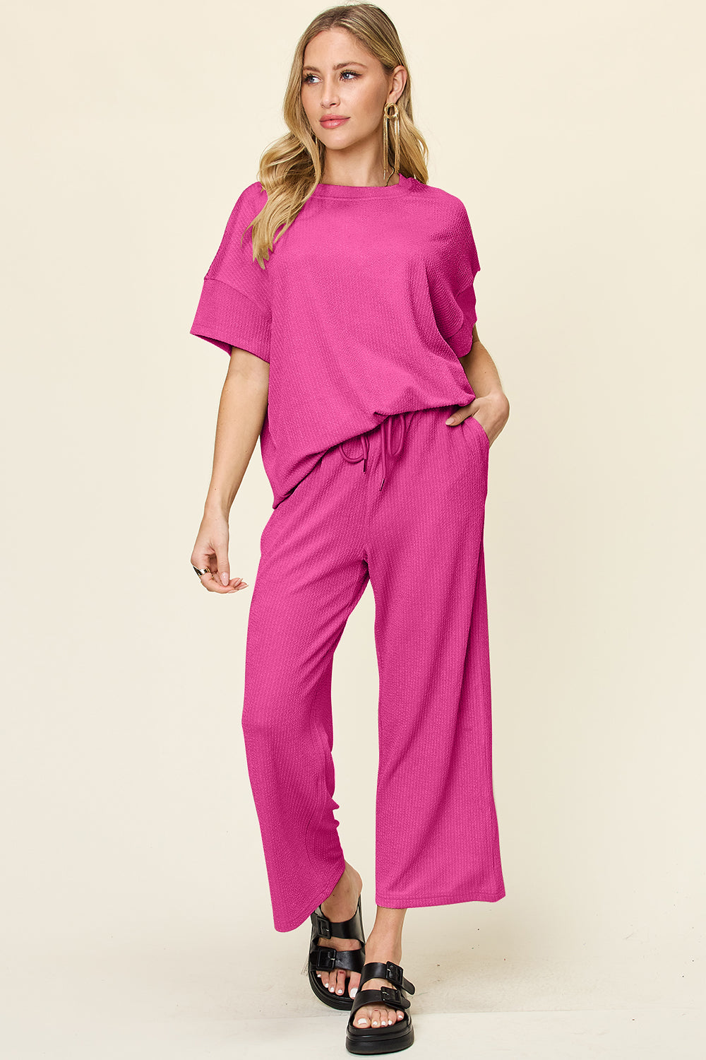 Double Take Women’s Full Size Texture Round Neck Short Sleeve T-Shirt and Wide Leg Pants Polyester Spandex Size S-3XL