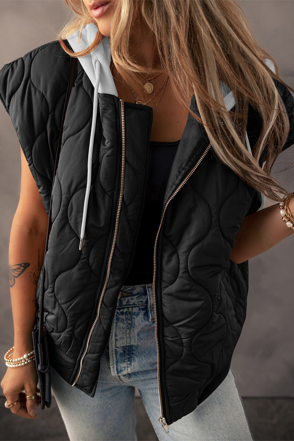 Blueberi B Women’s Drawstring Zip Up Hooded Vest Coat Polyester Size S-XL