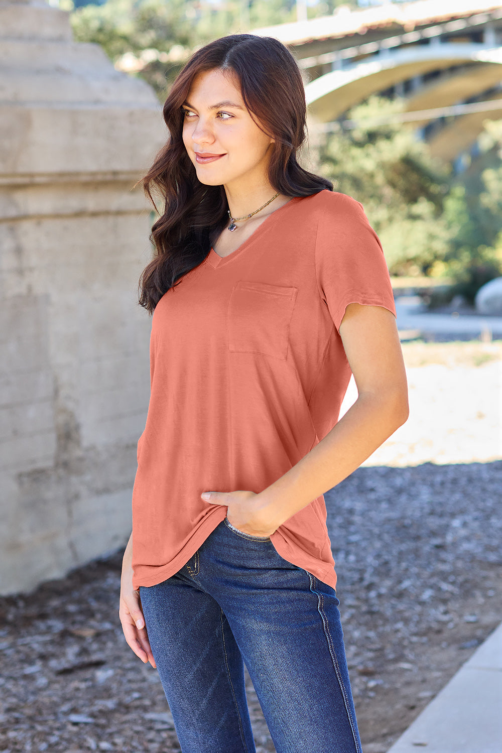 Basic Bae Women’s Bamboo Full Size V-Neck Short Sleeve T-Shirt Bamboo Spandex Size S-3XL