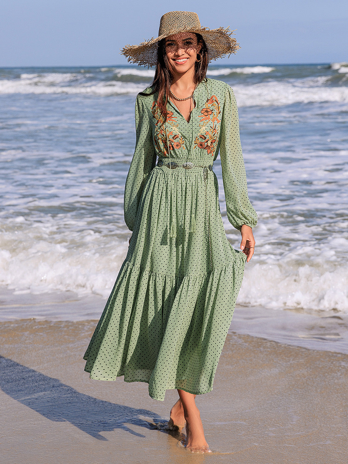 Blueberi B Women’s Embroidered Polka Dot Tie Neck Long Sleeve Midi Dress Polyester Size S-2XL